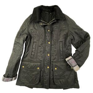 Barbour Beadnell Polarquilt Jacket Women 8 Black Tartan Corduroy Collar Chore